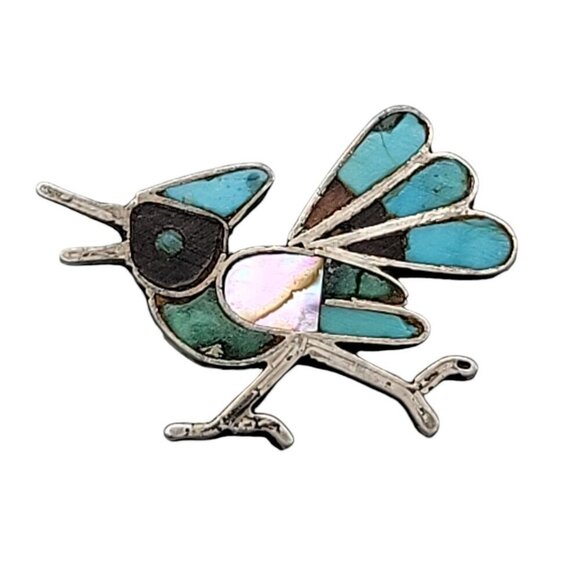 Native American Navajo Roadrunner Pin Turquoise Sterling Silver Mother of Pearl - Picture 5 of 7
